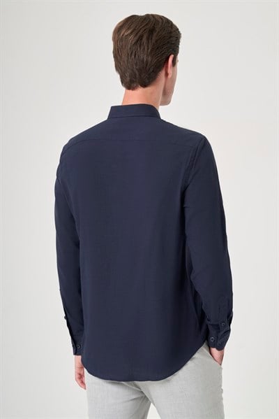 Lacivert Biritli Yaka Uzun Kol Cepsiz Slim Fit Pamuklu Gömlek 1004260207