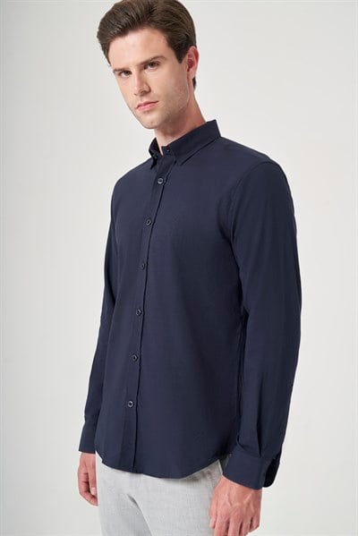 Lacivert Biritli Yaka Uzun Kol Cepsiz Slim Fit Pamuklu Gömlek 1004260207