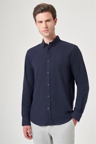 Lacivert Biritli Yaka Uzun Kol Cepsiz Slim Fit Pamuklu Gömlek 1004260207