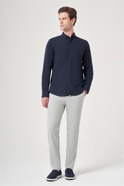 Lacivert Biritli Yaka Uzun Kol Cepsiz Slim Fit Pamuklu Gömlek 1004260207