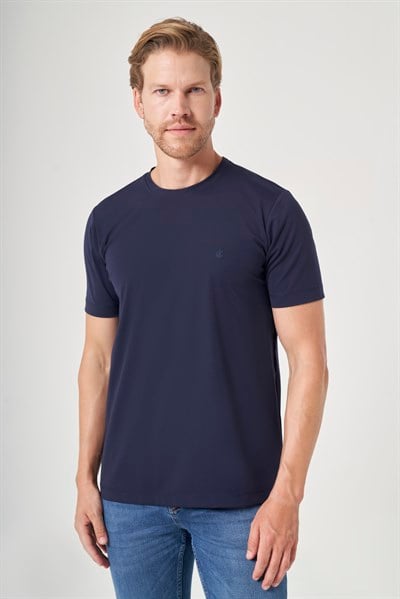 Lacivert Bisiklet Yaka Kısa Kol Örme Slim Fit Esnek Basic Tişört 1011260184