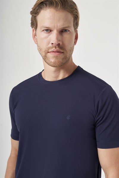 Lacivert Bisiklet Yaka Kısa Kol Örme Slim Fit Esnek Basic Tişört 1011260184