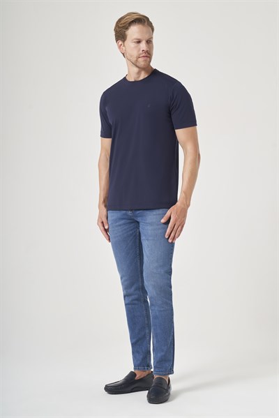 Lacivert Bisiklet Yaka Kısa Kol Örme Slim Fit Esnek Basic Tişört 1011260184