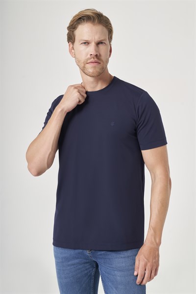 Lacivert Bisiklet Yaka Kısa Kol Örme Slim Fit Esnek Basic Tişört 1011260184