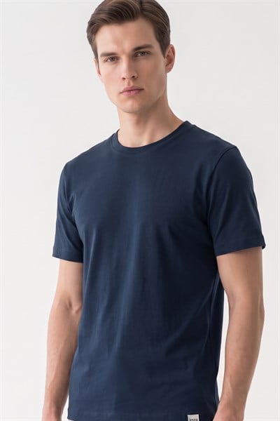 Lacivert Bisiklet Yaka Kısa Kol Slim Fit Pamuklu Tişört 1011265166