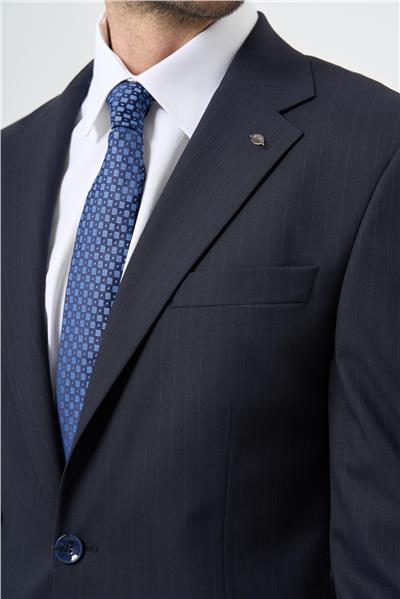 Lacivert Çizgili Mono Yaka Astarlı 6 Drop Slim Fit Dar Kesim Takım Elbise 1001245102