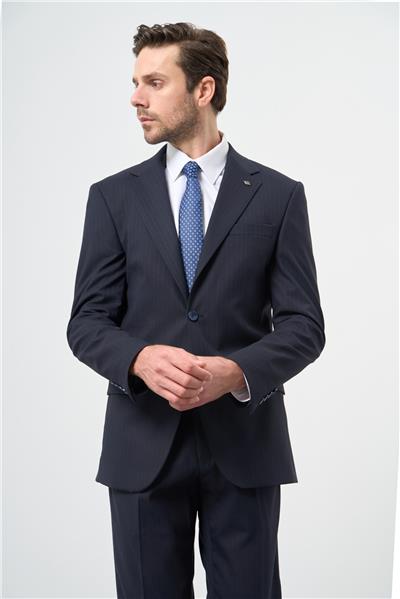 Lacivert Çizgili Mono Yaka Astarlı 6 Drop Slim Fit Dar Kesim Takım Elbise 1001245102