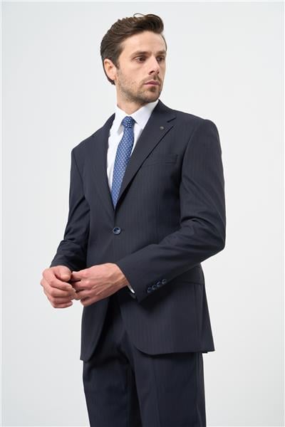 Lacivert Çizgili Mono Yaka Astarlı 6 Drop Slim Fit Dar Kesim Takım Elbise 1001245102