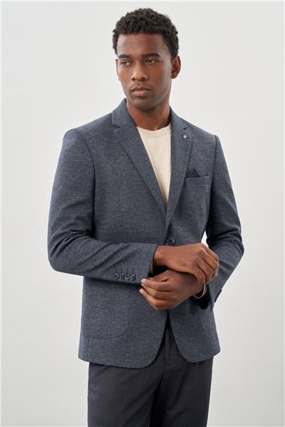 Lacivert Desenli Örme Mono Yaka Astarsız Esnek 6 Drop Slim Fit Casual Ceket 1002245161