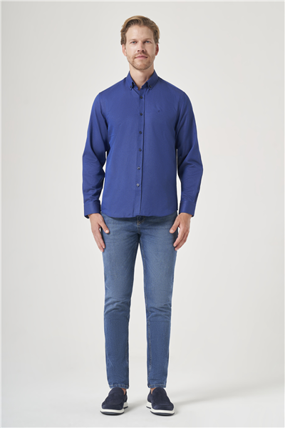 Lacivert Düğmeli Yaka Oxford Slim Fit Pamuklu Gömlek 1004265124