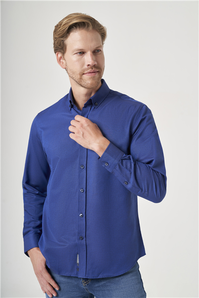 Lacivert Düğmeli Yaka Oxford Slim Fit Pamuklu Gömlek 1004265124