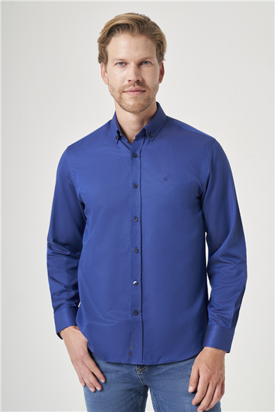 Lacivert Düğmeli Yaka Oxford Slim Fit Pamuklu Gömlek 1004265124