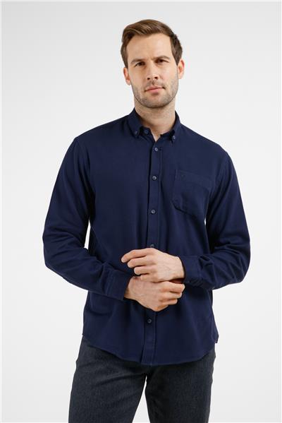 Lacivert Düğmeli Yaka Cepli Uzun Kol Slim Fit %100 Pamuk Gömlek 1004255213