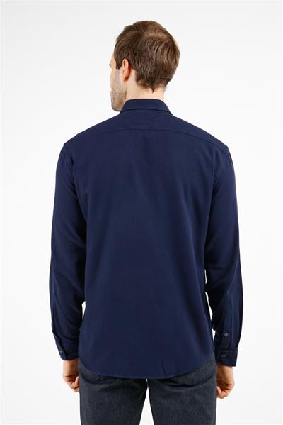 Lacivert Düğmeli Yaka Cepli Uzun Kol Slim Fit %100 Pamuk Gömlek 1004255213