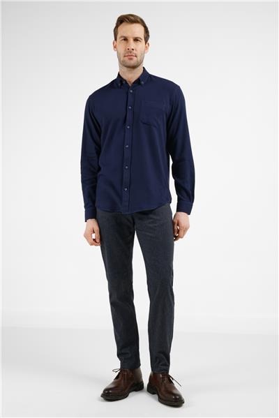 Lacivert Düğmeli Yaka Cepli Uzun Kol Slim Fit %100 Pamuk Gömlek 1004255213