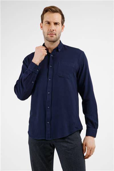 Lacivert Düğmeli Yaka Cepli Uzun Kol Slim Fit %100 Pamuk Gömlek 1004255213