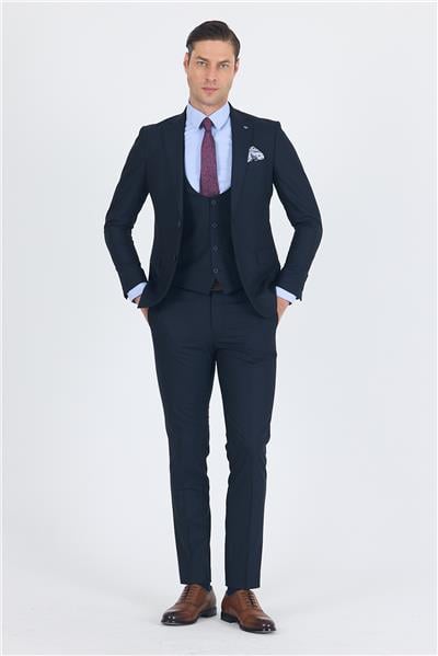 Lacivert Düz Bez Ayağı Mono Yaka 2 Düğme 6 Drop Slim Fit Basic Takım Elbise 1001250186_206