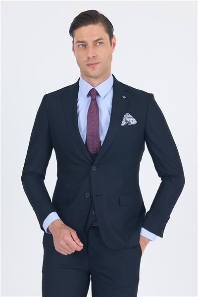 Lacivert Düz Bez Ayağı Mono Yaka 2 Düğme 6 Drop Slim Fit Basic Takım Elbise 1001250186_206