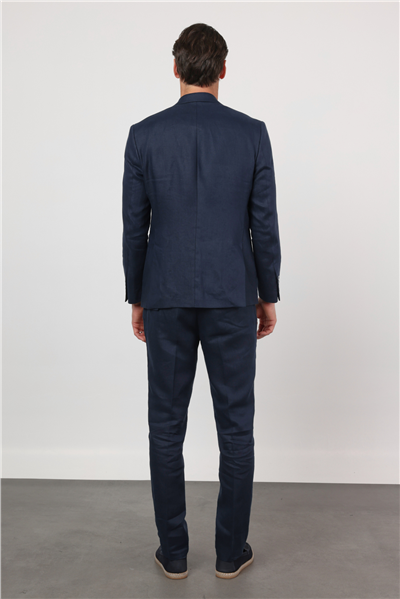 Lacivert Düz Desen Keten Mono Yaka 6 Drop Slim Fit %100 Keten Takım Elbise 1001260164