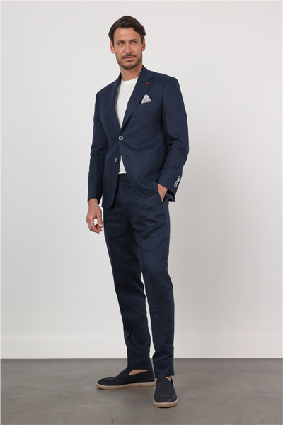 Lacivert Düz Desen Keten Mono Yaka 6 Drop Slim Fit %100 Keten Takım Elbise 1001260164