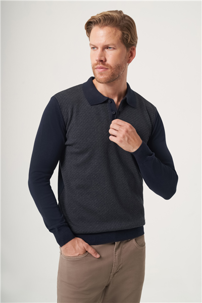 Lacivert-Füme Polo Yaka Uzun Kol Örme Comfort Fit Pamuklu Kazak 1012265153