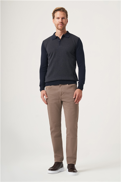 Lacivert-Füme Polo Yaka Uzun Kol Örme Comfort Fit Pamuklu Kazak 1012265153