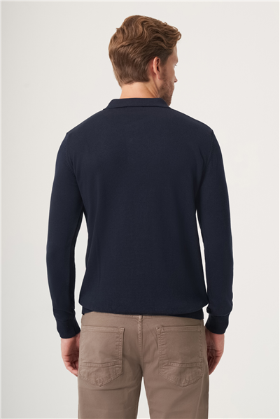 Lacivert-Füme Polo Yaka Uzun Kol Örme Comfort Fit Pamuklu Kazak 1012265153