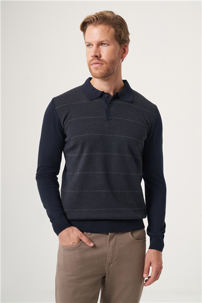 Lacivert-Füme Polo Yaka Uzun Kol Örme Comfort Fit Pamuklu Kazak 1012265156