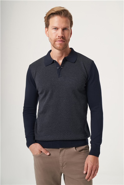Lacivert-Füme Polo Yaka Uzun Kol Örme Comfort Fit Pamuklu Kazak 1012265153