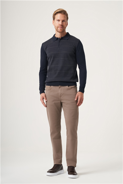Lacivert-Füme Polo Yaka Uzun Kol Örme Comfort Fit Pamuklu Kazak 1012265156