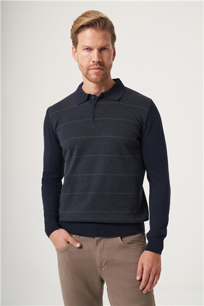 Lacivert-Füme Polo Yaka Uzun Kol Örme Comfort Fit Pamuklu Kazak 1012265156