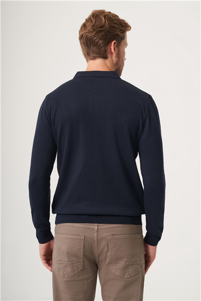 Lacivert-Füme Polo Yaka Uzun Kol Örme Comfort Fit Pamuklu Kazak 1012265156