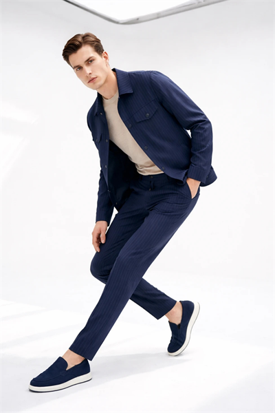 Lacivert-Gri Berberi Yaka Çizgili 6 Drop Slim Fit Tam Astar Esnek Takım Elbise 1001260176