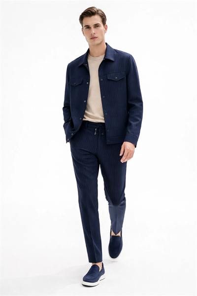 Lacivert-Gri Berberi Yaka Çizgili 6 Drop Slim Fit Tam Astar Esnek Takım Elbise 1001260176