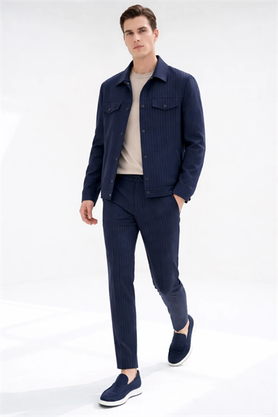 Lacivert-Gri Berberi Yaka Çizgili 6 Drop Slim Fit Tam Astar Esnek Takım Elbise 1001260176