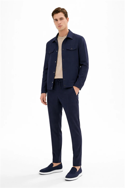 Lacivert-Gri Berberi Yaka Çizgili 6 Drop Slim Fit Tam Astar Esnek Takım Elbise 1001260176