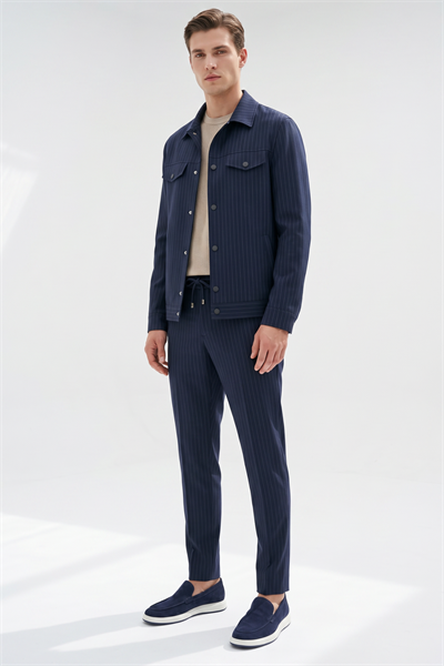 Lacivert-Gri Berberi Yaka Çizgili 6 Drop Slim Fit Tam Astar Esnek Takım Elbise 1001260176