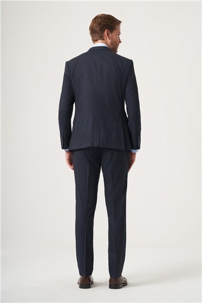 Lacivert-Gri Kırlangıç Yaka Çizgili Kruvaze 6 Drop Slim Fit Tam Astar Esnek Takım Elbise 1001260284
