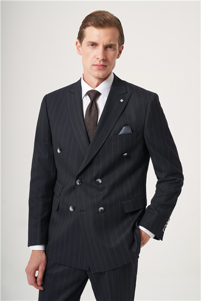 Lacivert-Gri Kırlangıç Yaka Çizgili Kruvaze 6 Drop Slim Fit Tam Astar Esnek Takım Elbise 1001260286