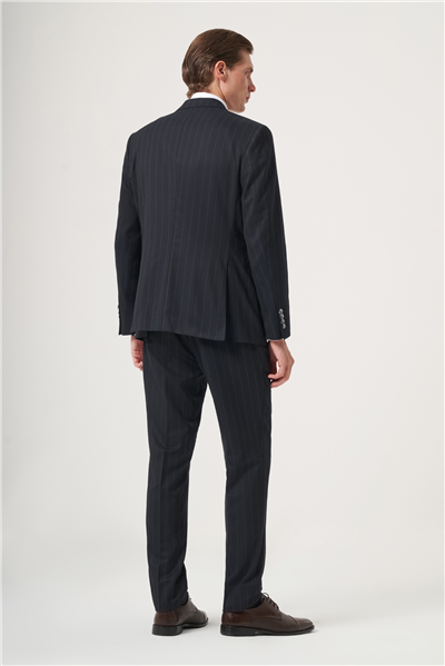 Lacivert-Gri Kırlangıç Yaka Çizgili Kruvaze 6 Drop Slim Fit Tam Astar Esnek Takım Elbise 1001260286