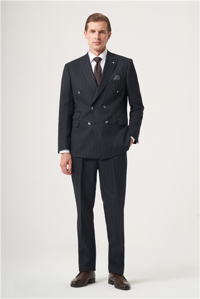 Lacivert-Gri Kırlangıç Yaka Çizgili Kruvaze 6 Drop Slim Fit Tam Astar Esnek Takım Elbise 1001260286