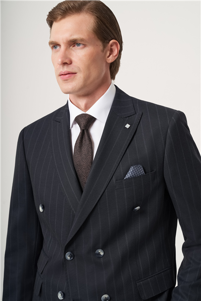 Lacivert-Gri Kırlangıç Yaka Çizgili Kruvaze 6 Drop Slim Fit Tam Astar Esnek Takım Elbise 1001260286