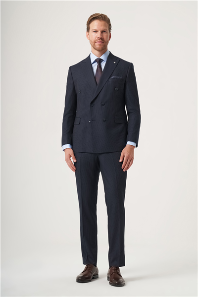 Lacivert-Gri Kırlangıç Yaka Çizgili Kruvaze 6 Drop Slim Fit Tam Astar Esnek Takım Elbise 1001260284