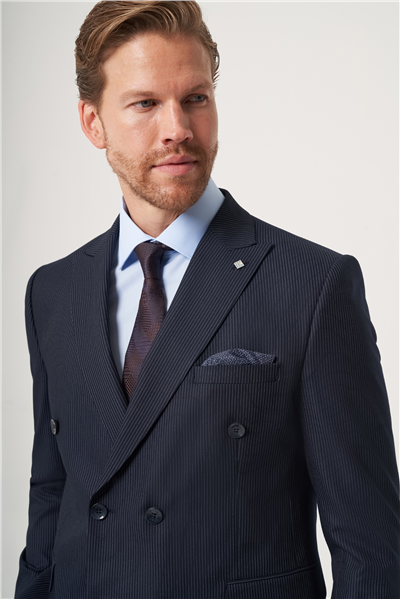 Lacivert-Gri Kırlangıç Yaka Çizgili Kruvaze 6 Drop Slim Fit Tam Astar Esnek Takım Elbise 1001260284