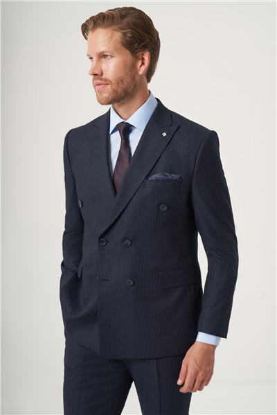 Lacivert-Gri Kırlangıç Yaka Çizgili Kruvaze 6 Drop Slim Fit Tam Astar Esnek Takım Elbise 1001260284
