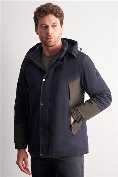 Lacivert - Haki Kapüşonlu Yaka Bondid Yırtmaçsız Casual Mont 1007255134