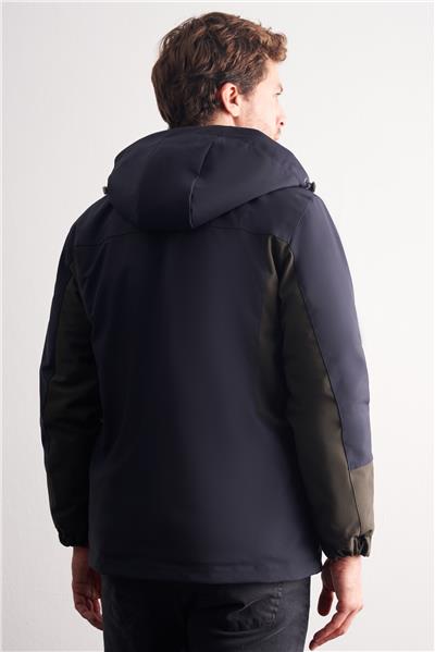 Lacivert - Haki Kapüşonlu Yaka Bondid Yırtmaçsız Casual Mont 1007255134