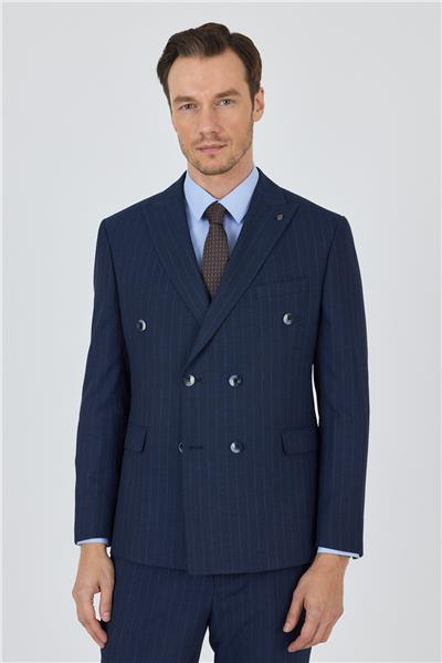 Kılıç Yaka Çizgili Desen Kruvaze Classic Esnek Slim Fit Takım Elbise 1001250173