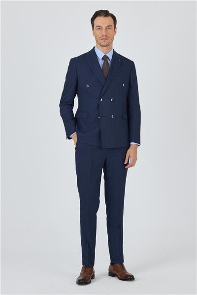 Kılıç Yaka Çizgili Desen Kruvaze Classic Esnek Slim Fit Takım Elbise 1001250173