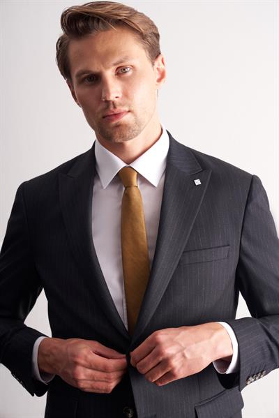 Lacivert Kırlangıç Yaka Çizgili Desen Slim Fit 6 Drop Takım Elbise 1001255166